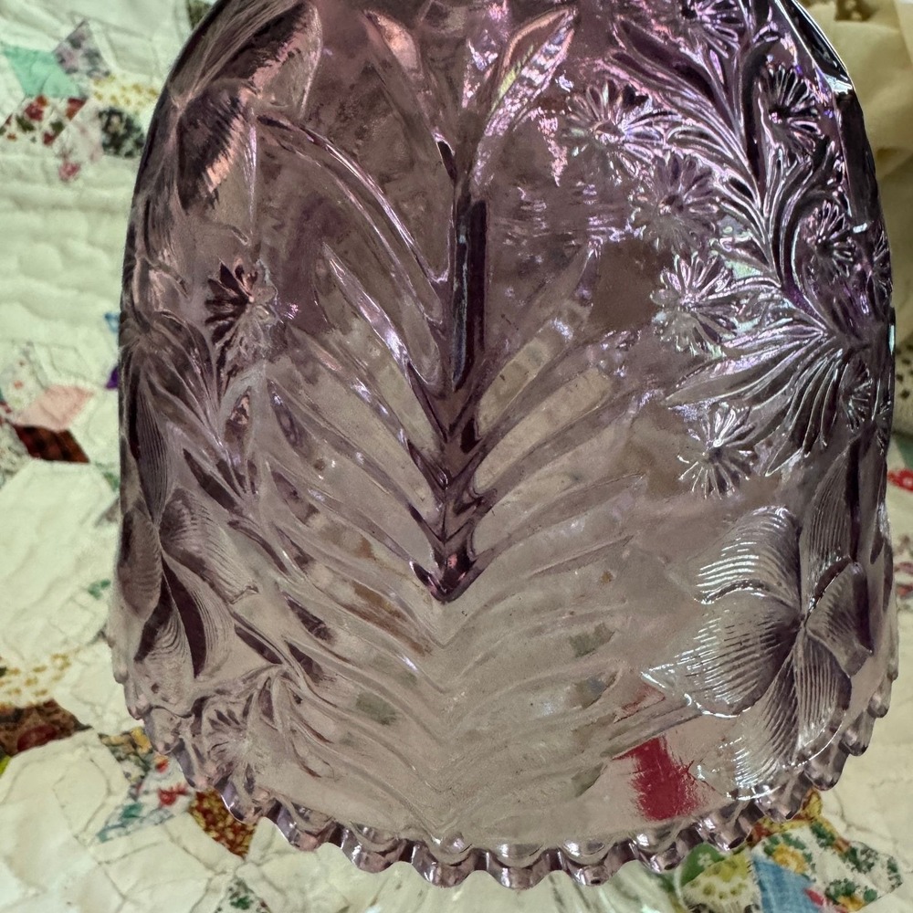 Vintage Purple Pressed Glass Floral Fairy Lamp Candle Holder 2 Piece Clear Base - Picture 3 of 9